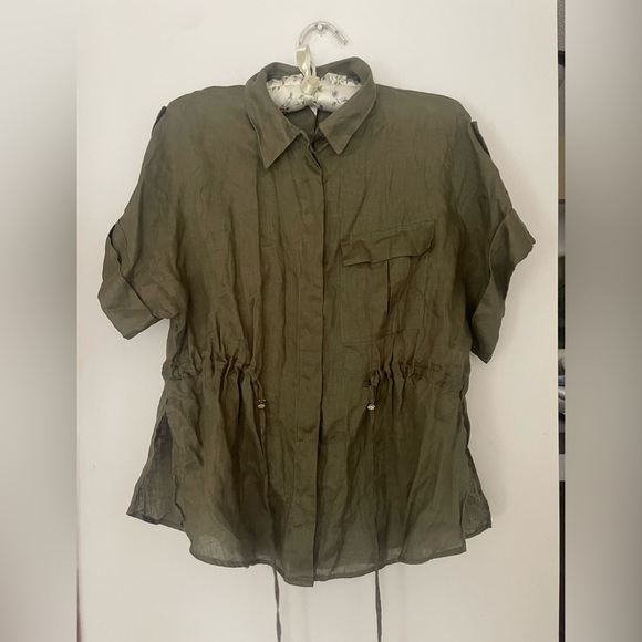 Zara Linen Top Olive Green Drawstring Waist Shirt Large - Picture 4 of 10